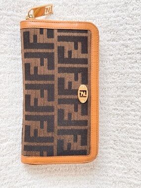 Fendi Brown & Tan Zucca Canvas Zip Wallet with Gold Accent